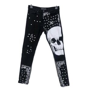 TR Tailored Recreation Black Skinny Jeans Mens 32x32 White Graphic Skull (30x30)